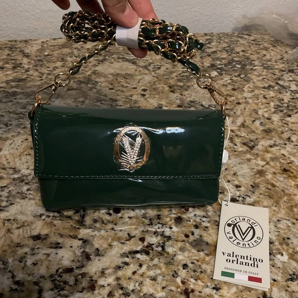 Valentino Orlandi Dark Green Vegan Patent Leather Crossbody Bag NWT - Picture 1 of 4